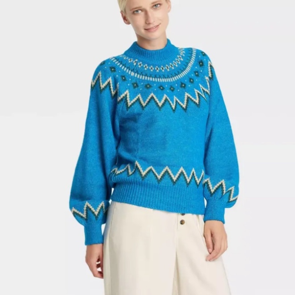 Who What Wear Knit Sweater Womens Medium Blue Fair Isle Crewneck Pullover